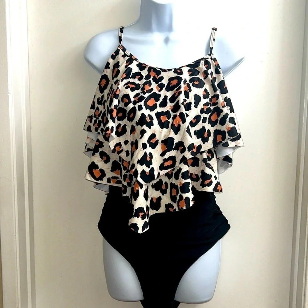 Women’s Animal Print Ruffle Swimsuit Top - Size XL